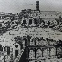 Fig.4: The utilization of the “Anfiteatro Castrense” in the Aurelian walls of Rome in an engraving by E. Du Pèrac, 1575.