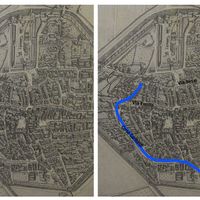 Fig.5: The “Veduta Camuncoli”, notice how north of the Via Emilia the buildings and the street seem to continue along the riverbed, corresponding to the nowadays “Corso Garibaldi” south of the street.