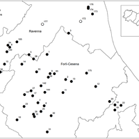 Fig. 1. Map of the 46 selected sites. Defensive Buildings: 1. Fort of Monte Poggiolo; 2. Castelnuovo; 3. Albicini Tower; 4. Castellaccio di Fornazzano; 5. Tower of Ceparano; 6. Bonini Tower; 7. Castle of Pianetto; 8. Mirone Tower; 9. Fortress of Elmici; 10. Castellaccio di Corniolino; 11. Giaggiolo; 12. Castle in Sorrivoli; 13. Teodorano; 14. La Roccaccia di Modigliana; 15. San Cassiano; 16. Rondinaia Tower; 17. Tower of Monte Erno; 18. Castle of Torriana; 19. Madonna di Saiano; 20. San Giovanni in Galilea; 21. Malatestian Fortress of Montefiore Conca; 22. Malatestian Fortress of Verucchio; 23. Tower of Montalto; 24. Monte Mauro; 25. Fort of Pondo; 26. Castle of Santa Fiora; 27. Tower of Cerro; 28. Castellaccio della Pietra; 29. Predappio; 30. Malatestian Fortress of Spinello; 31. Fort of Corzano; 32. Castle in San Martino in Gattara; 33. Dovadola; 51. Monte Battaglia; 65. Fort of Caminate; 105. Tower of Marino; 140. Pratesi Tower; 142. Particeto; 144. Tower of Valdoppio; 147. Monte Vecchio. Ecclesiastic Buildings: 172. Parish church of Sant'Apollinare in Longana; 173. Bell Tower in San Severo; 174. Episcopio; 175. Church of San Bartolomeo Apostolo; 176. Church of Santa Croce; 177. Parish church of Sant'Andrea in Panicale.