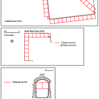 Fig. 11. Castle in Carbonana (Gubbio, PG). Schema of the identification of two ancient units of measurement (elaboration A. Fiorini; survey D. Ripa di Meana, B. Salvatici). Above, the ground plan of the fortified tower.