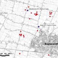 Fig. 3. The red diamonds correspond to early and high medieval rural sites located around Bagnacavallo, RA (Image elaborated starting from Fig. 2, in Cavalazzi et al., in press).