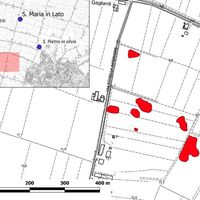 Fig. 4. In red, nucleated sites located around Bagnacavallo, RA (Image elaborated starting from Fig. 3, in Cavalazzi et al., in press).