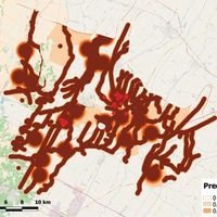 Fig. 10. The predictive map obtained with overlapped the sites (red diamonds) recorded by the Bassa Romandiola Project