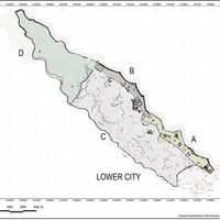 Fig. 5. Map of the Hilltop of Phoinike with the acropolis (A) and its extension on the north-west side (B), the slope with the Hellenistic and Roman Houses (C), and the euchorion (D). (Giorgi, Bogdani 2012).