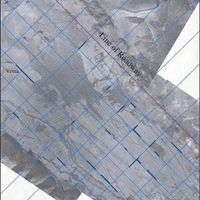 Fig. 10. Map with the remains and the reconstruction of the centuriation of Bouthrotum (blue lines) and with the line of the main road toward Nicopolis (Bescoby 2007)