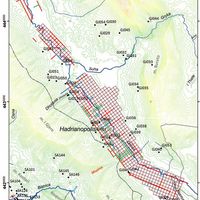 Fig. 11. Topographical Map with the centuriation of the Drinos Valley (red lines) and with the main rivers (Giorgi, Bogdani 2012)