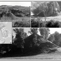 Fig. 1. Views of Cozzo Rotondo from the west, at the entrance of the Grifone valley. Top left: picture from 1986. Top right and bottom: the hillock today.
