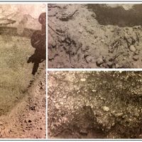 Fig. 3. On the left: whitish sand with hints of plane bedding and reddish variegations of the type shown in Dig 2. On the right: loose gravel mixed with sand, probably de-structured, outcropping just at the top of the hillock (after Rizzo, 1986a).