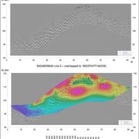 Fig. 5. At the top: georadar profile of the hillock. At the bottom: overlapping of geoelectrical and georadar data and interpretation of some geological contacts. Dashed lines mark the reflections between top conglomerate and whitish sand, which have been surveyed from the top (black lines) and laterally (blue lines; also the reflections from the bottom of the same contacts have been surveyed).