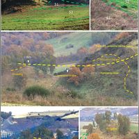 Fig. 7. Representation of the geomorphological elements linked to the artificial excavation of Cozzo Rotondo. S1, S2 and S3 as in Fig. 6. The arrow in the box at top right shows the bluff from S1 to S2. The yellow line in the central picture shows the zone where the hill and the terrace slope are linked together, starting from the vertex of the broken line of the concave profile (elevation 118 m a.s.l.). Ochre colour shows the digging and modelling zones.
