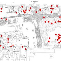 Fig. 1 Archaeological area La Fenice. A secondary crossroad is visible. The burials invaded this area and are distributed throughout the thickness of the layers, proving the cimiterial function for a long period (red dot). A central area free from burials can be noticed: this space can be explained by the presence of a church as the historical sources report, but a localization is not possible. The interpretation is complicated by the fact that this area has undergone several radical interventions, such as the construction of the sixteenth-century walls and the presence of the eighteenth–century theatre La Fenice which was located here until the 1930 earthquake.