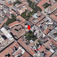 Fig. 3. Area of dense vegetation under which the remains of Palazzo Lettimi can be found. Further down: a curved line in the urban fabric due to the presence of structures pertaining to the Roman Theater (satellite image Google Earth).