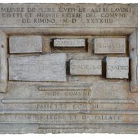 Fig. 5. Abacus with the local units of measure and the fixed dimensions for some building materials, 1544. Rimini, Loggia of Palazzo dell’Arengo (from Fiorini 2015, 82, fig. 6).