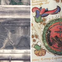 Fig. 6. Palazzo Lettimi. On the left the crest identified in the frieze of a window in the palace; to the right the noble crest of the Maschi family on a map from 1465 (from Mariani Canove, Meldini, Nicolini 1988,52).