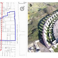 Fig. 8. Comparative figure: a) the traced lines that intercept the area of the palace refer to the hypothetical edge of the stage and the back wall of the backstage (developed by Musmeci 1997, 35, fig. 29; Ortalli 1995, 514, fig. 19); b) the coeval theater of Ferento (Viterbo, VT).