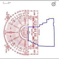 Fig. 9. Palazzo Lettimi. In blue, the outline of the surface area of the Renaissance building. In red the Roman theater of Ferento (Viterbo, VT) resized based on the known structure of the theater of Rimini (developed by Pensabene 1989, 14, fig. 5).