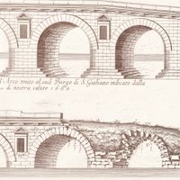 Fig. 16. Bridge of Augustus and Tiberius. The status of the bridge before and after the 17th century restorations. Engraving by M.A. Marinario in 1680 (detail) (from Brigliadori 2006, document n° 98).