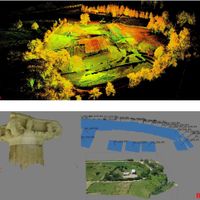 Fig. 2:  A- Laser scanner Leica P30 Point cloud: B- Image based photogrammetric mapping of the site of the sanctuary; C- Image based photogrammetric mapping of the architecture of the sanctuary.