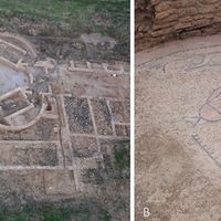 Fig. 1. A) aerial view of the archaeological site. At the top right the foundations of the trefoil hall and ambulatio are still visible. The red arrow highlights the position of the detail B within the site; B) detail of the preserved floor of the trefoil hall.