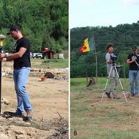 Fig. 2. A) registration of topographic GCP with a differential GPS; B) ground control station with 2 remote controllers (for UAV and Gimbal) and 2 monitors connected in streaming with 2 video cameras. The first camera is mounted on the chassis to drive the UAV, and the second one is located on the gimbal to control camera movements.