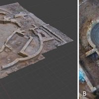 Fig. 5. Outputs of the photogrammetric and optimization processes. A) digital model of the trefoil hall, in its current state of preservation, visualized in a computer graphic software (Blender); B) high-resolution orthoimage of the hall.