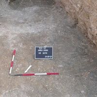 Fig. 6. A) a collapsed brick arch found in the north-east apse of the trefoil hall; B) traces of the collapsed plasters that covered the ceiling; C) roman tiles found during the excavation.