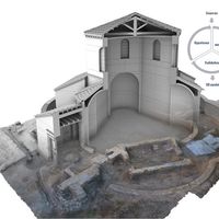 Fig. 7. Reconstructive volumes of the hall realized through polygonal modelling directly on the digital replica of its actual state of conservation and chart of the reconstruction process.