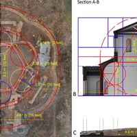 Fig. 8. A) measures in meter and roman feet (approximated) and proportions of the geometrical features found in the layout of the trefoil hall; B) reconstructive section A-B of the hall with roman modules and proportions applied to the wall elevations; C) section A-B of the digital replica of the hall.