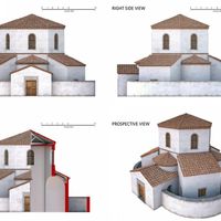 Fig. 11. Trefoil Hall: graphic representation of the hypothetical reconstructive model (period 2, phase 2 - end of 4th - beginning of the 5th century). 