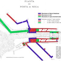 Fig. 1. Porta Nola: new elaboration of the planimetry by Maiuri 1930 (Tav. X) with indications of the main building techniques