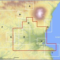 Fig. 2. Sicily, Central-Eastern Sicily, research limits of archaeological field survey projects carried out in the area: A) upper Simeto Valley Project (Leone, Witcher 2007); B) Troina survey (Ayala, French 2003, 2005); C) Centuripe, archaeological map (Biondi 2002); D) Catania, archaeological map of the city (Tortorici 2016) and of territory  (Tortorici 2002; Tortorici, Brancato in press); E) field survey of Gornalunga river valley (Albanese Procelli et al. 2007; Tortorici 2015; Brancato 2018); F) Erean Mountains Survey (Giannitrapani 2017); G) Morgantina survey (Thompson 1990; Leighton 2005); H) Field survey of the central-eastern sector of the Plain of Catania (Brancato, Manganelli 2017); I) Augusta, archaeological map (Lanteri 1997; Malfitana, Cacciaguerra 2011)