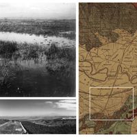 Fig. 11. Sicily, Plain of Catania: marshes in the area of Canale Benante area before the land reclamation works in a historical photo (from Archivio del Consorzio di Bonifica di Catania) (A), in a geological map (Carta Geologica d’Italia F. 270, Sciuto Patti, 1879-80) (B) and in 2019 (C).