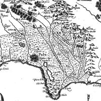 Fig. 1. Excerpt from G.A. Magini map, 1620. The Pontine region is characterized by the typical pattern of marsh areas.