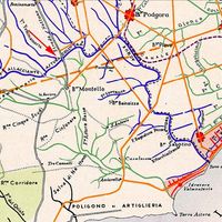 Fig. 3.- Excerpt from Bonifiche Agro Pontino historical map, 1939 (Archivio Storico Capitolino, fondo Capitolino, n. 16615 tav. 1). The arrow shows the ‘Collettore’ between Astura river and the ‘Canale delle Acque Alte’. Courtesy of Sovrintendenza - Archivio di Stato Capitolino (sign: 16615 tav. 1)