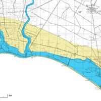 Fig. 4. Hypothetical reconstruction of the dune and lacustrine system with prehistoric evidences. The points and the areas in red indicate the finds of lithic industry attributable to Pontiniano industry highlighted during the survey by the author. The arrow shows the toponym Prato di Coppola, where is appreciable the difference in height of the internal dune system (rendering L. Ebanista, base IGM 1:25.0000, serie 25/V)