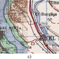Fig. 2: Examples of cartographic reproduction of the area surrounding the city of Minya: a) Carte topographique d'Égypte georeferenced and overlayed on a satellite image (Esri satellite), b) Great Britain War Office, U.S. Army Map Service 1941, c) Series 1404-Great Britain War Office and Air Ministry-1960, d) Esri Satellite.
