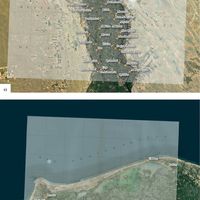 Fig. 5: a) The image shows how there is greater correspondence between the satellite image (Esri satellite) and the georeferenced maps in plate XIV using manual georeferencing based on metric scale correction. The shift between the satellite image and the historical cartography south of the village of Balansura along the course of the Bahr Yussef remains evident. b) The image shows how there is greater correspondence between the satellite image (Esri satellite) and the georeferenced maps in plate XL using manual georeferencing based on metric scale correction. The shift between the satellite image and the historical cartography decreases with this method also for the Delta area as demonstrated by the case of Kom el-Khanziri.