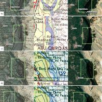 Fig. 9: Diachronic evolution of the geomorphology of the islands located in the 16th nomos of Upper Egypt. The maps shown are from the left: Carte topographique georeferenced and overlayed on a satellite image (Esri Satellite), 4085-Great Britain War Office-U.S. Army Map Service-1941 and Esri Satellite. a) Island located south of Gerizet el-Sheick Timai; b) Island of Gerizet el-Sheick Timay; c) Island located south of the village of Nuwayr; d) Island of Geziret el-Mathâhâréh; e) Island located north of Geziret el-Mathâhâréh; f) Island located north of Minya to the east of the village of Damris.