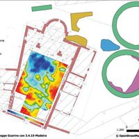 Fig. 12 Time-slice at a depth of 0.60 m. The values of high amplification, in red, due to the presence of floors/structures related to a phase prior to the present church.