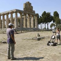 Fig. 4. View of the prospection survey done by Federica Boschi and Michele Silani; the method used is ground penetrating radar (GPR). (photo R.M. Ammerman)