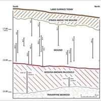 Fig. 10. In the diagram, the positions of the top and bottom of each of the large masses of travertine called “monsters” (M 1-9) and also large masses left in the sections at the end of the excavation (MS 1-6) are projected on the west section of trench 5, the north-south transect. This figure also places the mound in its basic stratigraphic context. (drawing E. Delpozzo)