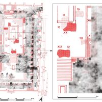 Fig. 15. Overlap of the De Caro excavations map to the GPR mapping. On the right, particular zoom on the east side of the podium.