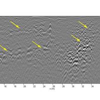 Fig. 17. Radar section acquired along the western portico of the temenos. The arrows indicate some of the reflections to be attributed to the sequence of road levels identified by the archaeological excavations (2017) in the southern sector, and which suggest its continuation also in the northern half. To the progressive metric 7 and 32, structural residues referable to retaining walls.