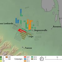 Fig. 3. Sample area of the “Bassa Romandiola” project, with the different field campaigns carried out. Base map: shaded Tinitaly DEM (Istituto Nazionale di Geofisica e Vulcanologia).