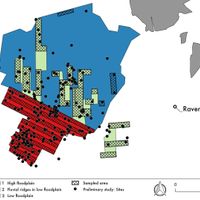 Fig. 4. Preliminary database (only the sites' entries, according to archaeoloagical and written sources), Landscape Strata, and the sampled area of the “Bassa Romandiola” project.