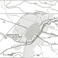 Fig. 8. Topographical context of Interamna: 1) Via Flaminia; 2) Road to Tuder- Carsulae; 3) Via Curia to Reatae.