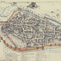 Fig. 11. Anonymous, view of the city od Terni (Barb. Lat. 9901, f.96, second half of 17th Century). Reworked version; the defensive walls after the most recent expansion of the 15th Century, the rivers and some channels have been highlighted. The red line marks the hypothetical Roman perimeter.