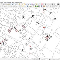 Fig. 12. Screenshot of the QGIS project showing the base cartography and the numerated archaeological evidences.