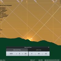 Fig. 5. Rising of the sun at summer solstice behind Monte Faitaldo in the 6th century BC as seen from “Via dell’Abbondanza Station”, Pompeii. In orange the horizontal coordinate system (altitude/azimuth); in violet the equatorial coordinate system (right ascension/declination). The fieldwork computed measurements of the sun’s azimuth 60°.374 (60° 22’ 27’’) for summer solstice in 600 BC corresponds to the value of the Stellarium digital reconstruction (60° 22’ 26’’). Horizon profile after SRTM 3” computed with software Horizon (©Andrew Smith) and Stellarium 2020.