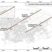 Fig. 8. Comparing the orientation of street centrelines (black) with the direction of the sunrise upper limb rising on summer solstice in 600 BC (orange lines). All orange lines are created parallel to each other’s starting from the one at Via dell’Abbondanza, obtained after fieldwork measurements and data analysis for the sun position. The geometrical translation is possible due to the sun infinite distance in respect to the urban dimensions, since at that precise moment the sun has the same azimuth (60°.37) for the whole plateau of Pompei (elaborated by Michele Silani).